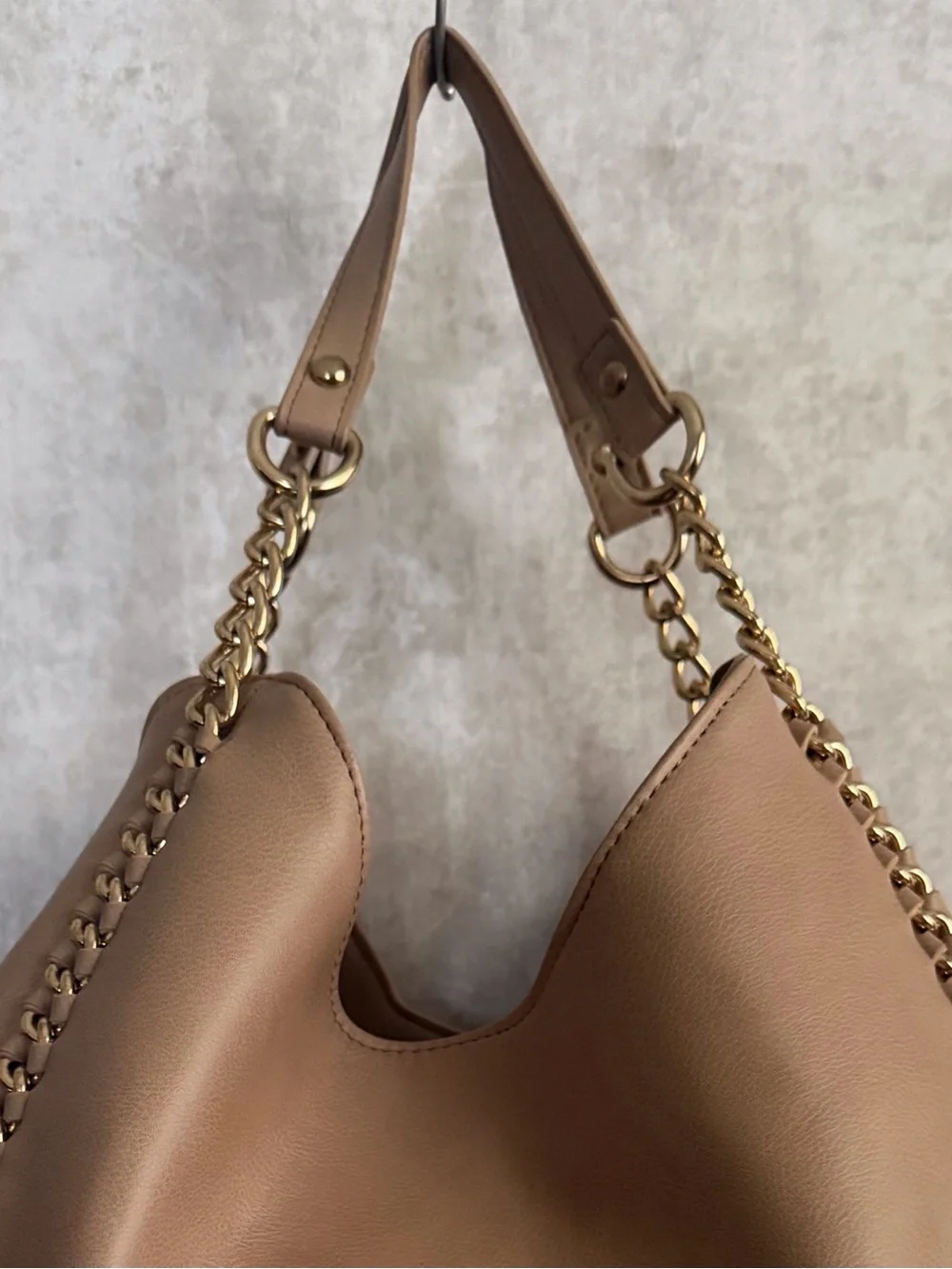 Bebe Colette Triple Entry Beige Hobo Shoulder Bag Gold Chain Accents Purse Tote